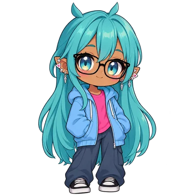 chibi anime girl with turquoise hair and glasses