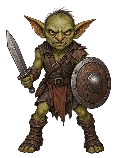 ugly goblin warrior holding a sword and shield