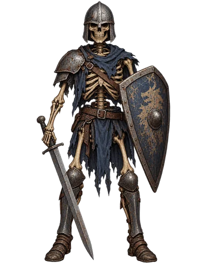 undead skeleton warrior with sword and shield