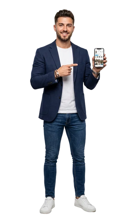 male influencer pointing at smartphone