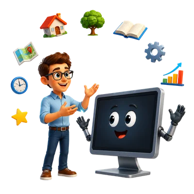cartoon engineer teaches friendly computer