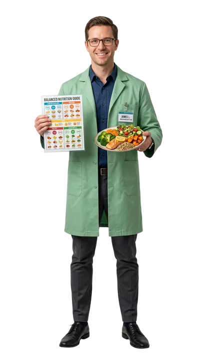male dietitian holding healthy meal plate
