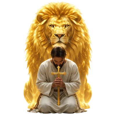 golden glory lion behind christian figure