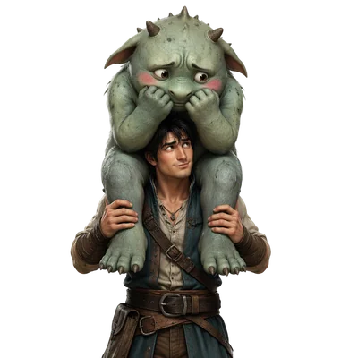 shy monster rests hands on hero shoulders