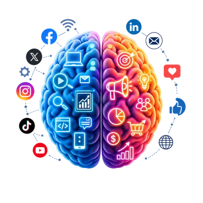 creative brain with digital marketing symbols