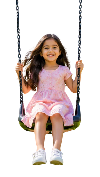 cute girl swinging in park with flowing hair