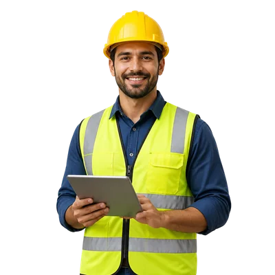 construction worker holding tablet with helmet