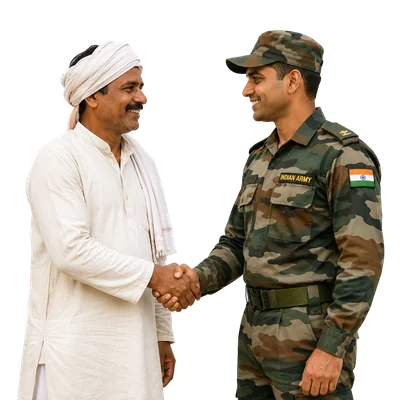 indian farmer and soldier shaking hands