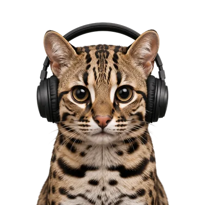 leopard cat wearing headphones