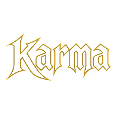 white and gold karma text in cool 2d font