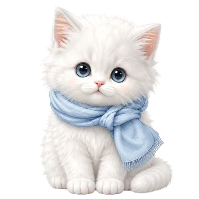 fluffy white kitten with blue scarf