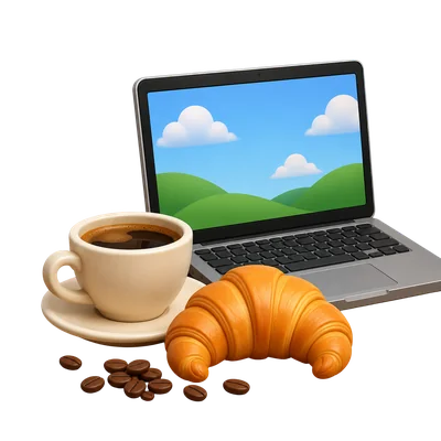 coffee cup croissant beans and laptop still life