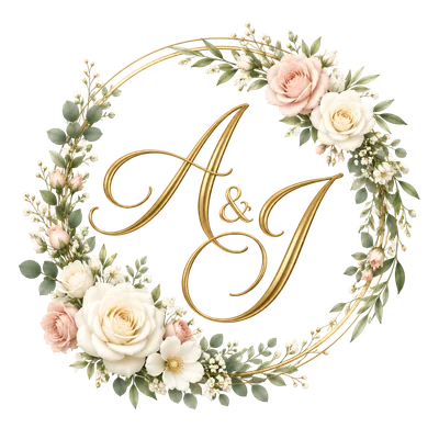 elegant gold A&J monogram with floral wreath
