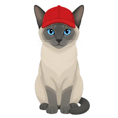 gray Siamese cat wearing red baseball cap
